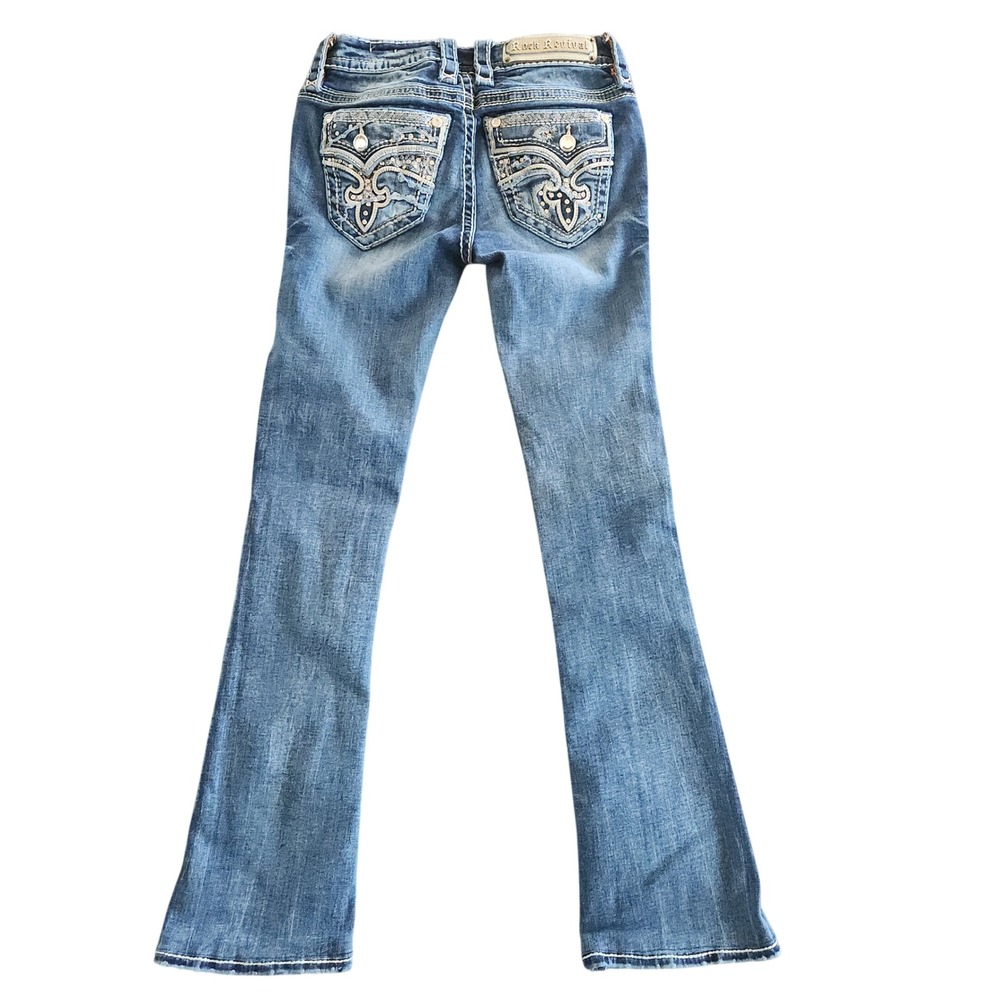 Rock Revival Mid Rise Bootcut Jeans Womens 24 Yui Flap Pockets Blue Denim Y2K